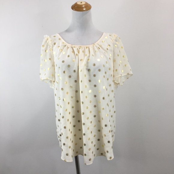 NWT LC LAUREN CONRAD Beige Gold Print Tie Back Collar Short Sleeve Shirt - Picture 4 of 11